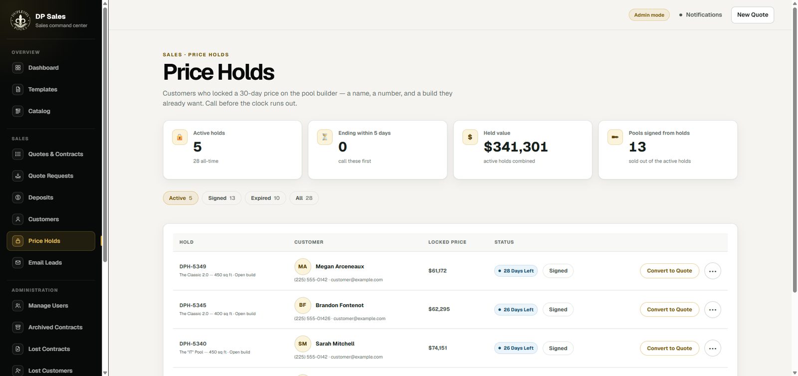 Scapely Sales: price holds and quotes in the sales command center