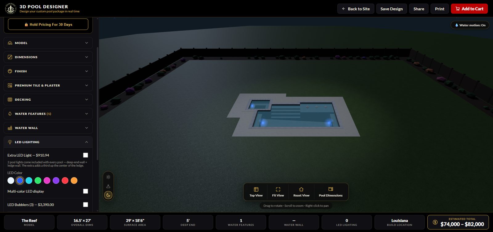 Scapely Studio on a builder's website: a homeowner's 3D pool at night with a live price range, a price reveal button and a 30-day hold